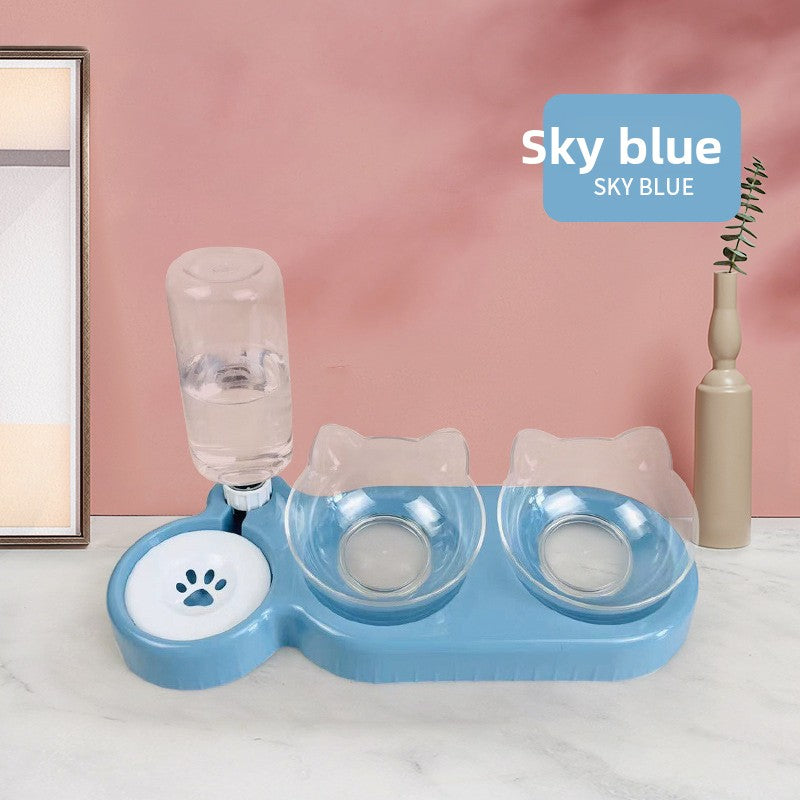 Clear raised cat feeding station with dark blue base