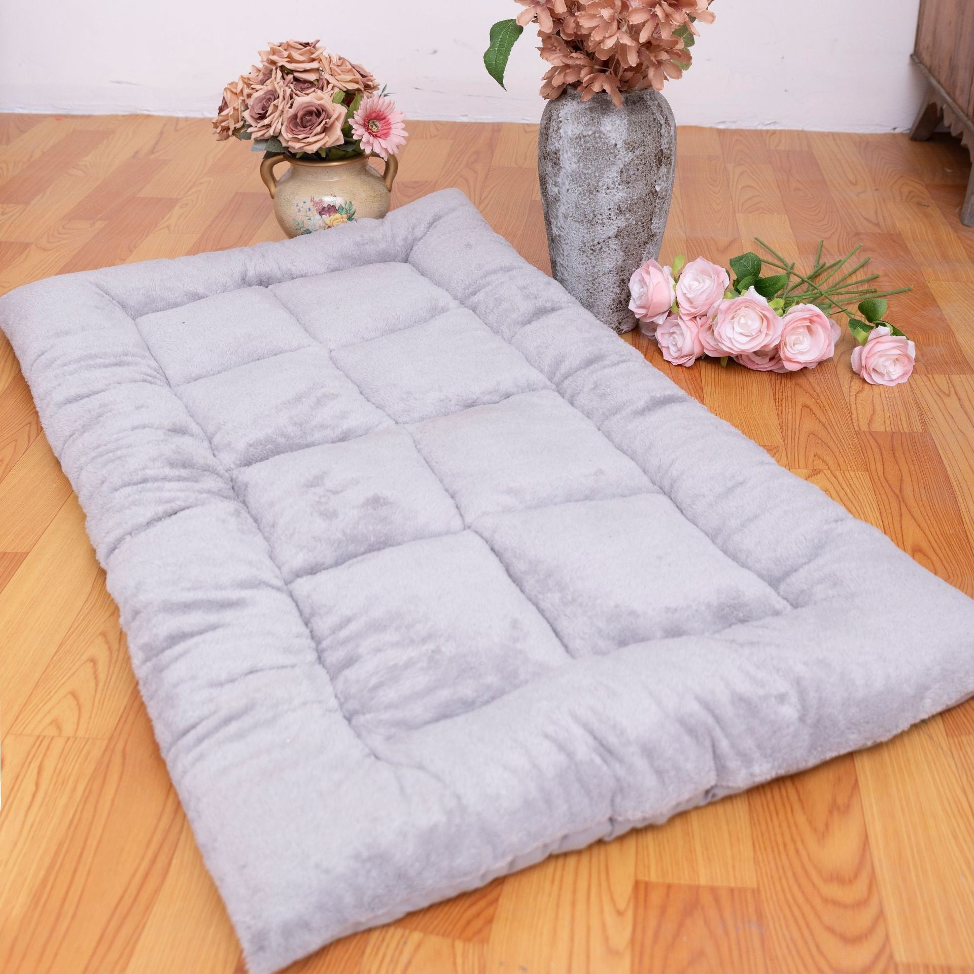 Reversible plush pet bed mat for dogs and cats, alternative angle view