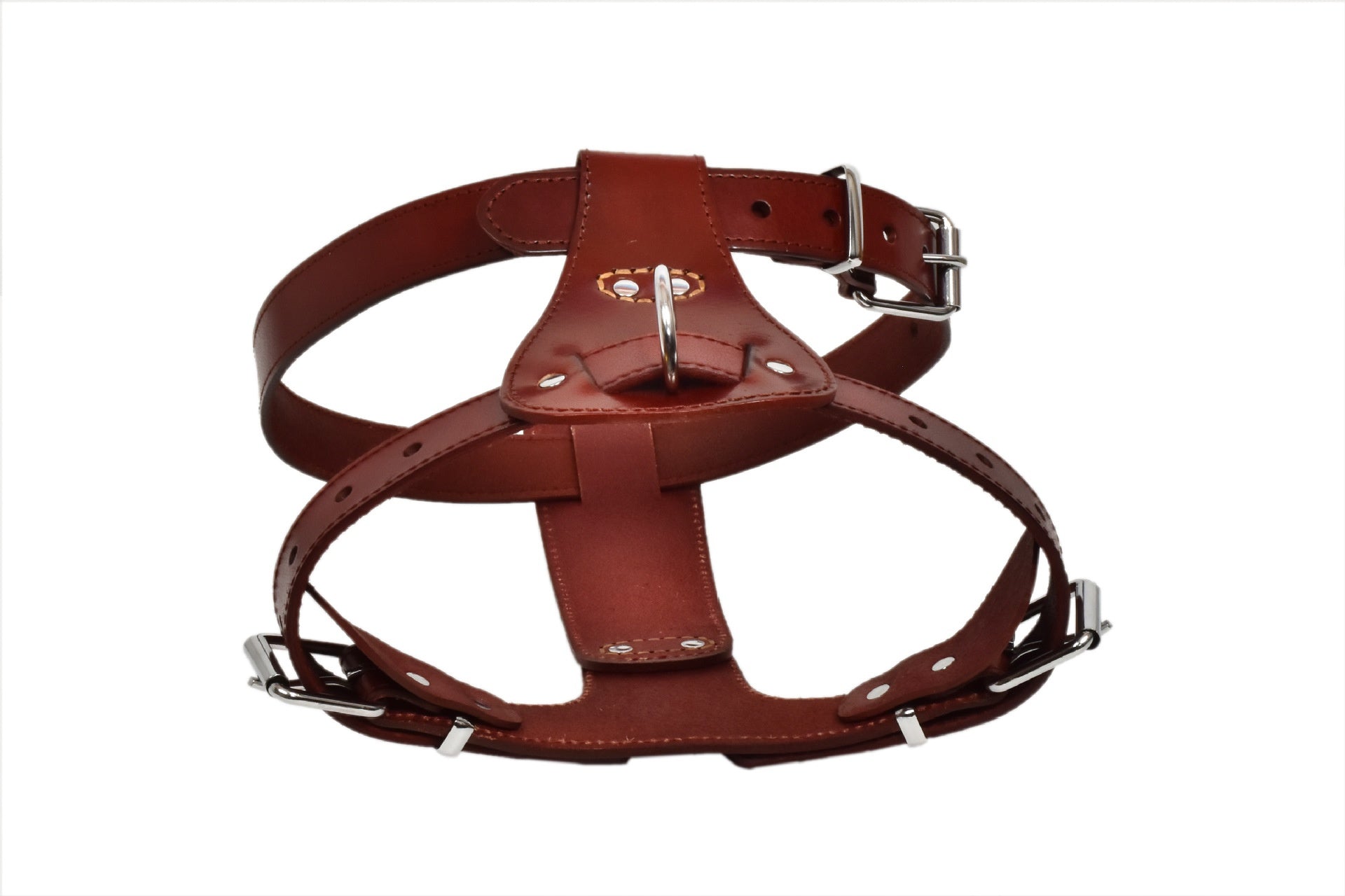 Brown leather dog chest harness with adjustable chest and neck straps, view 7