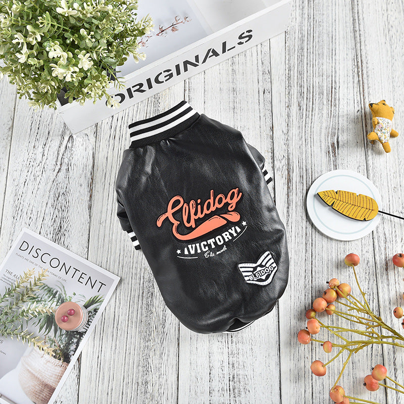 Fleece lined aviator dog jacket with leather-look shell in Red, close-up detail