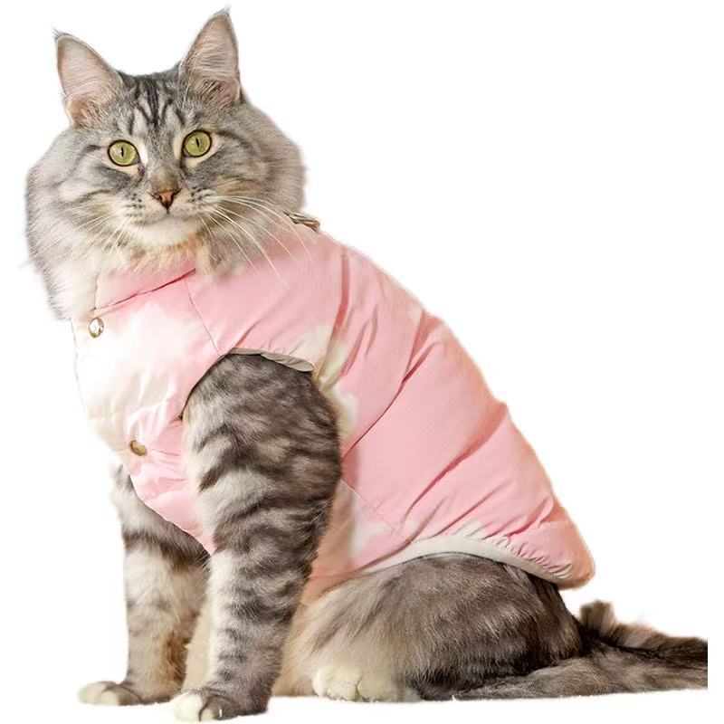 Warm padded cat jacket with lead attachment ring in Multicolour, showing size and shape