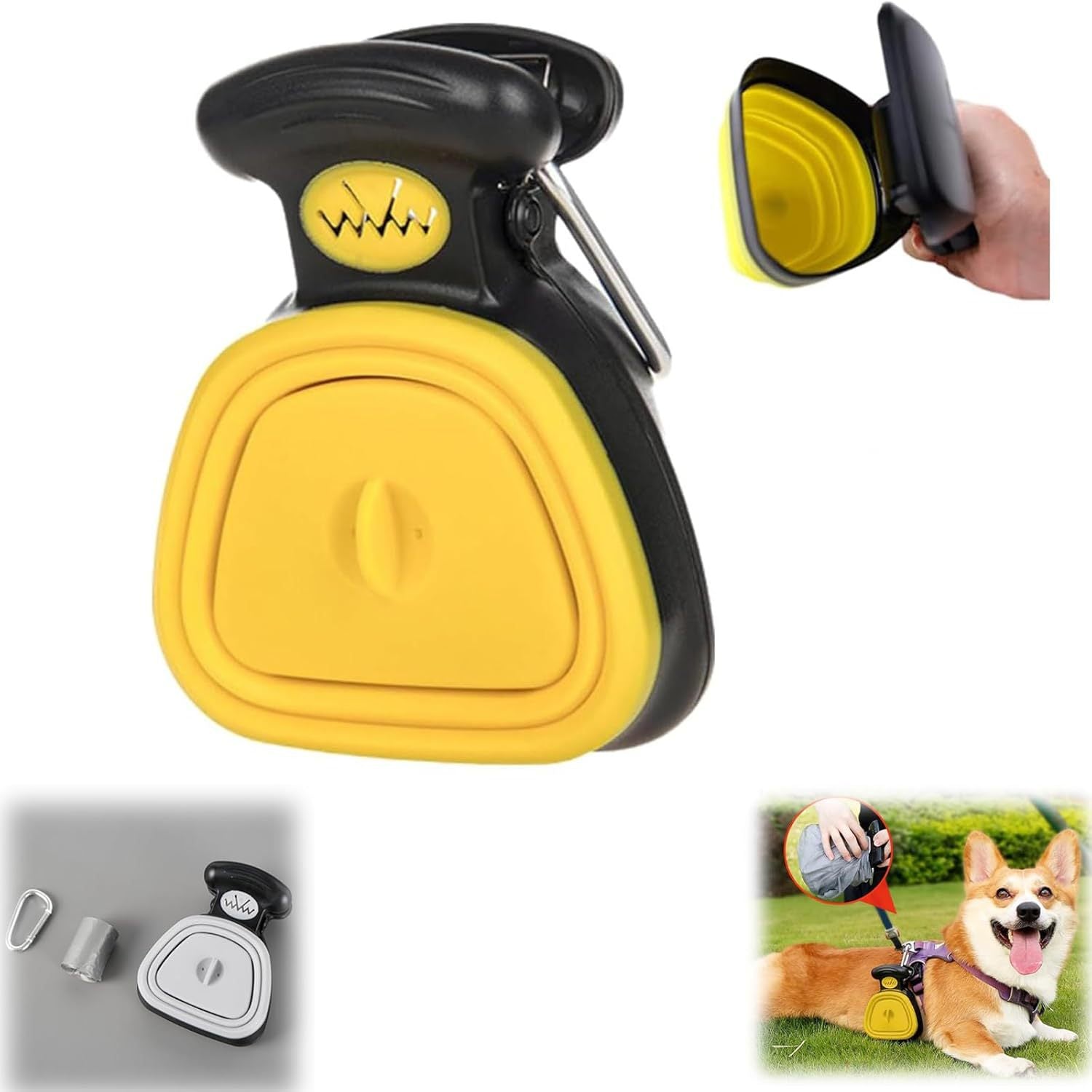 Foldable dog poop scooper in yellow with waste bag