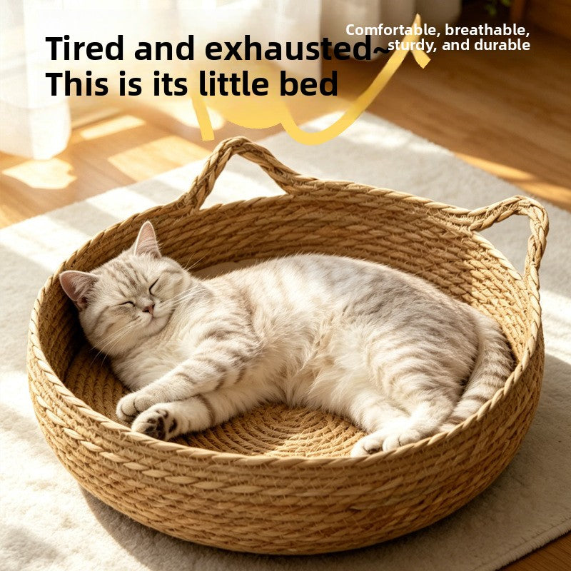 Handwoven grass and cotton linen cat nest with scratch pad, product image 1