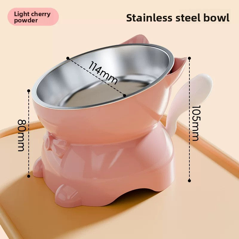 Slanted Cat Food Bowl with Anti-Spill Stand, Kitten Tail Design