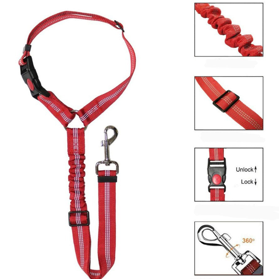 Elastic dog car seat belt lead in red with metal clip