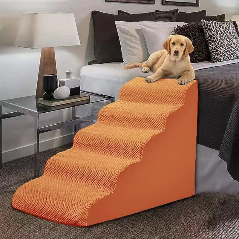 Orange foam dog stairs size chart with 2 to 5 step options