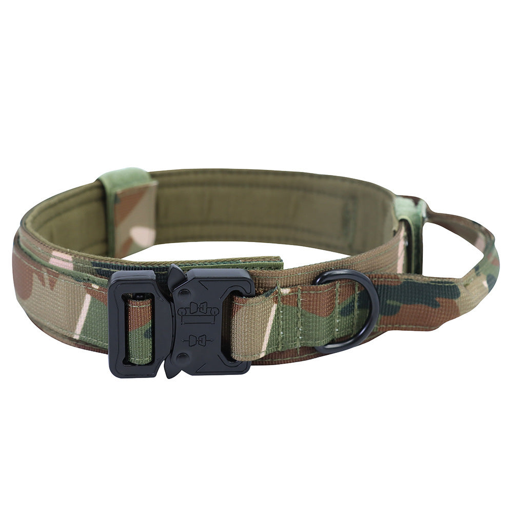 Tactical nylon dog collar with handle and reflective trim in black