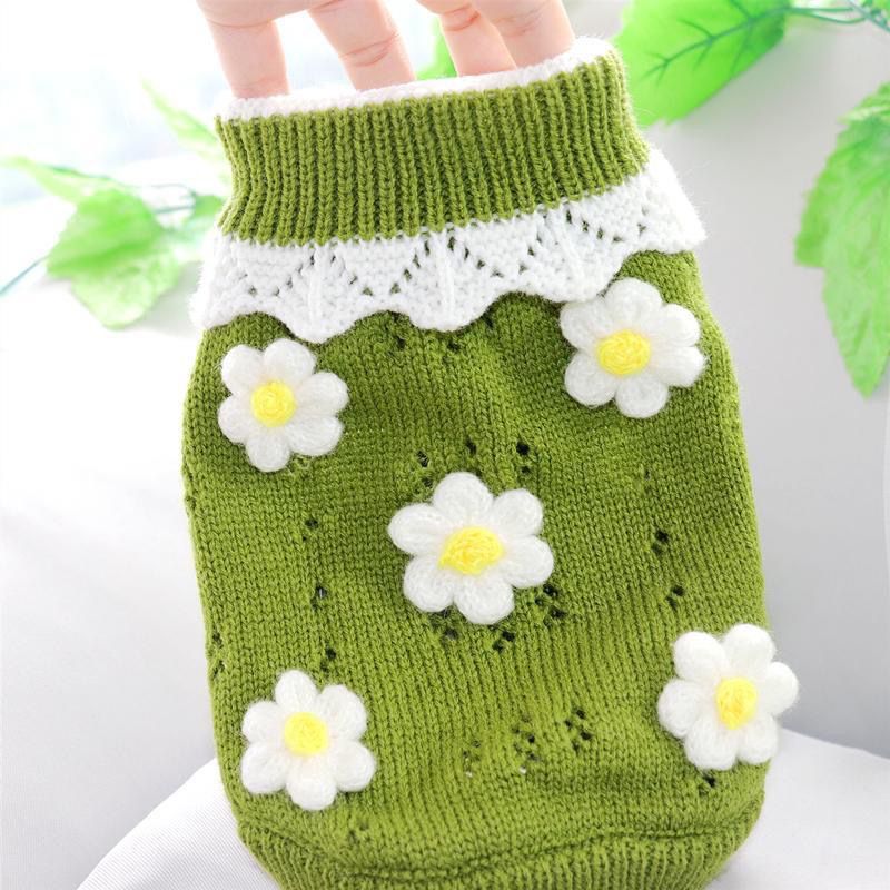 High collar knitted pet vest with floral embroidery in Pink Floral, front view