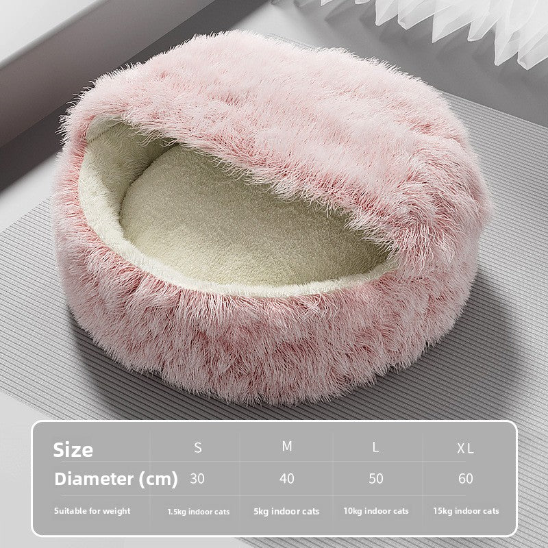 Grey semi enclosed long pile velvet cat bed, view 14