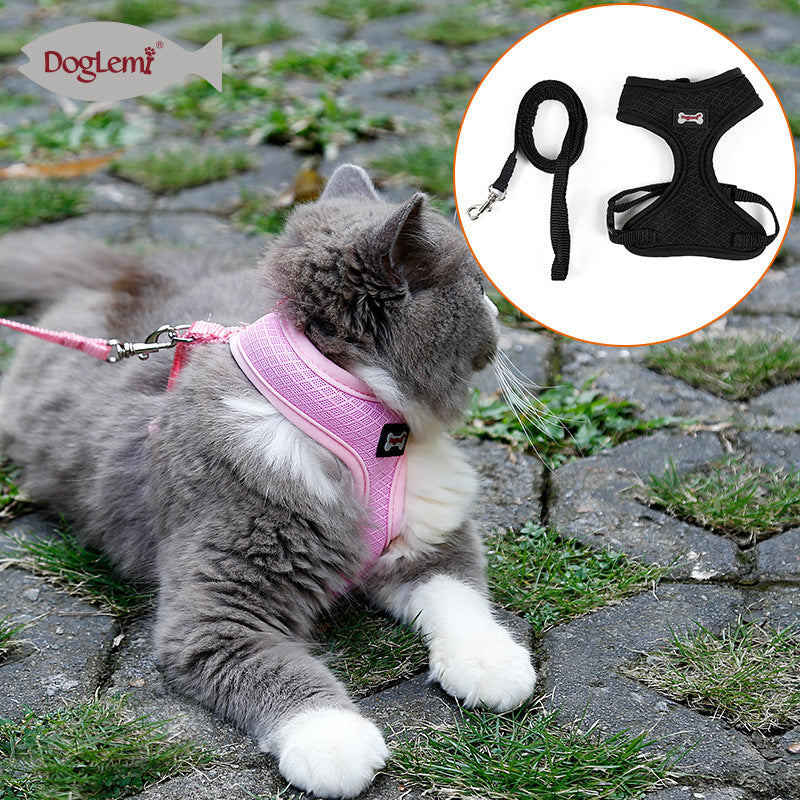 Black breathable mesh cat vest harness with lead