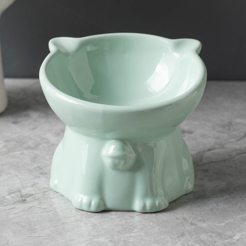 Cute Ceramic Raised Cat Bowl with Bell Detail and Anti-Spill Stable Base in Four Colours