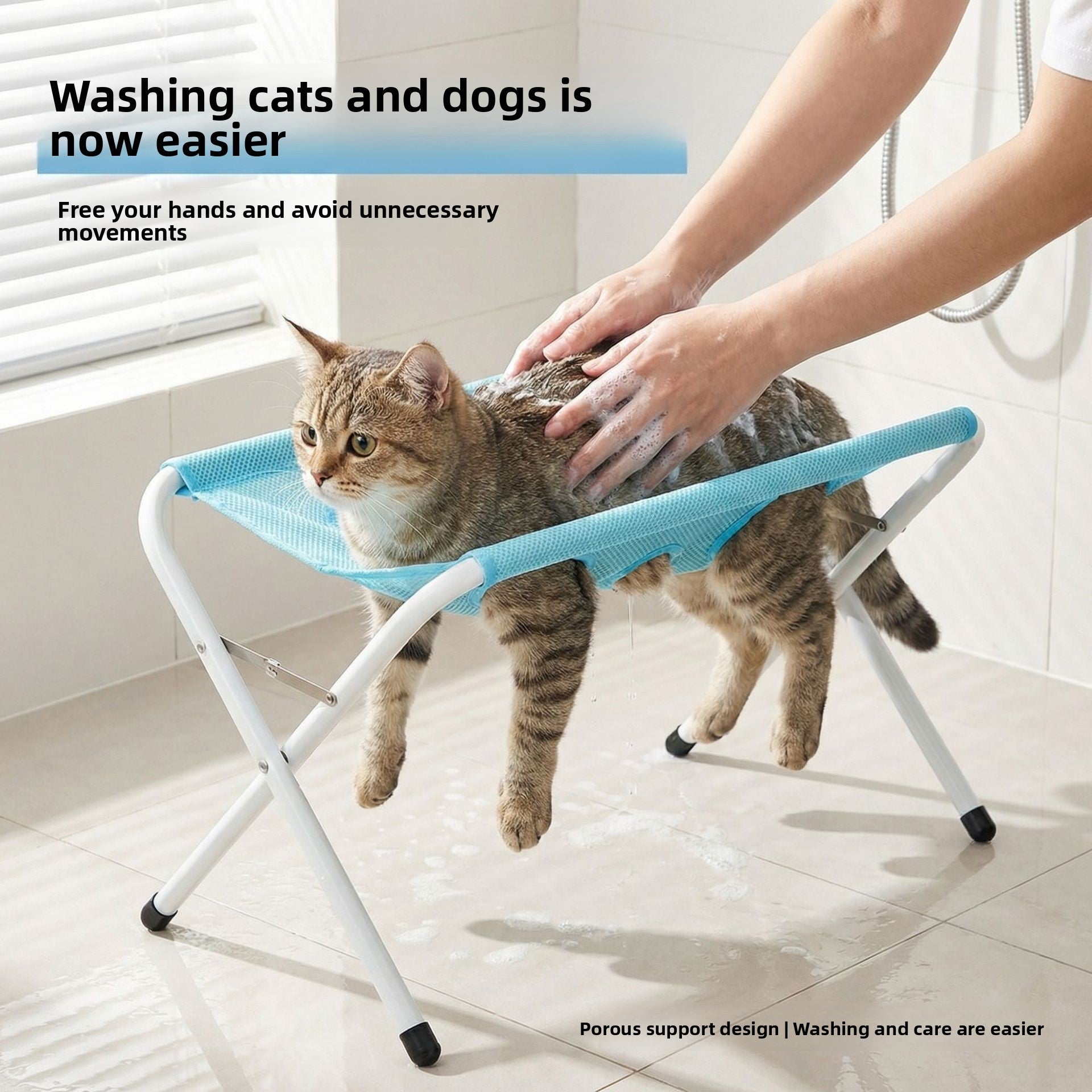 Blue foldable pet grooming hammock stand with non-slip mat, photo 4
