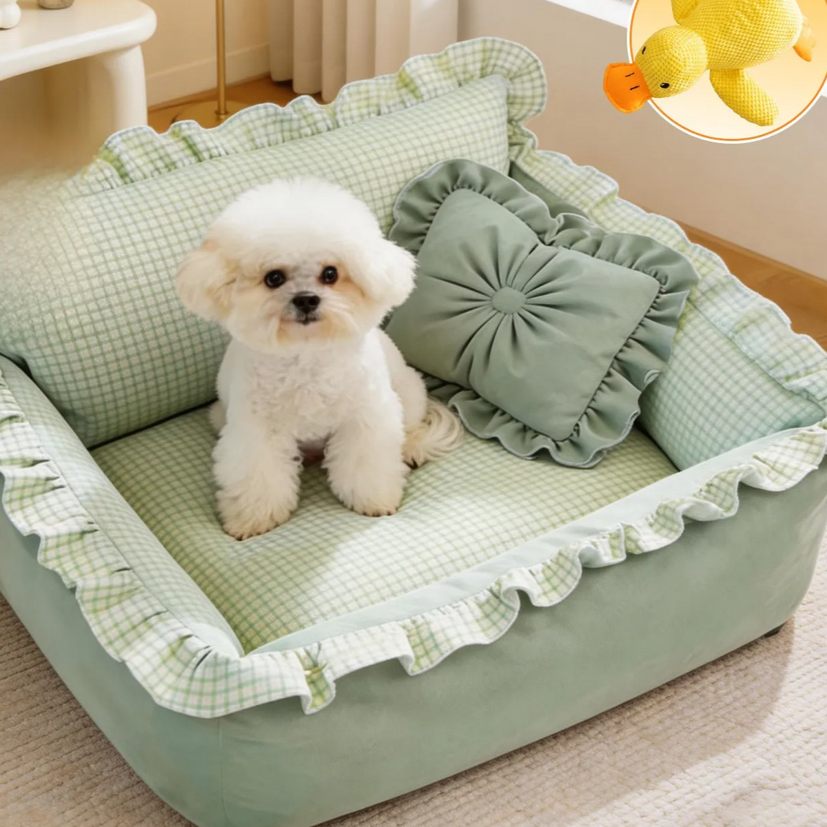 Square green washable dog bed with cooling bean mat, photo 33