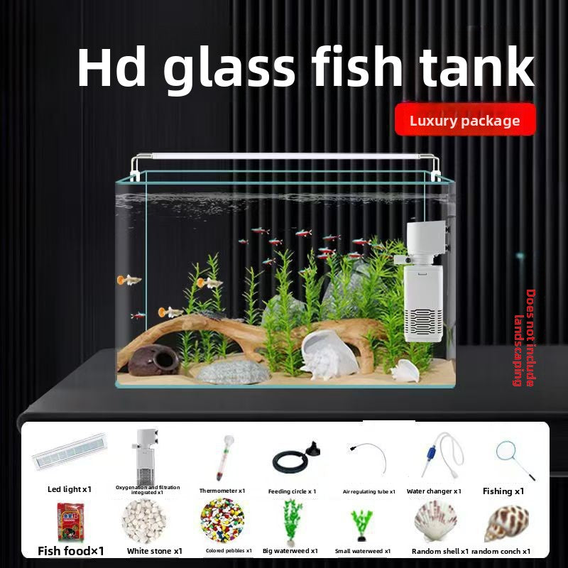 Curved glass goldfish tank on a desk with plants, view 32