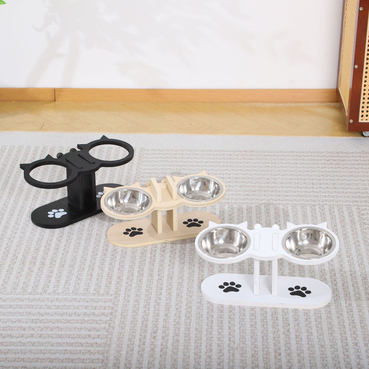 Adjustable height wooden pet feeder stand in natural wood