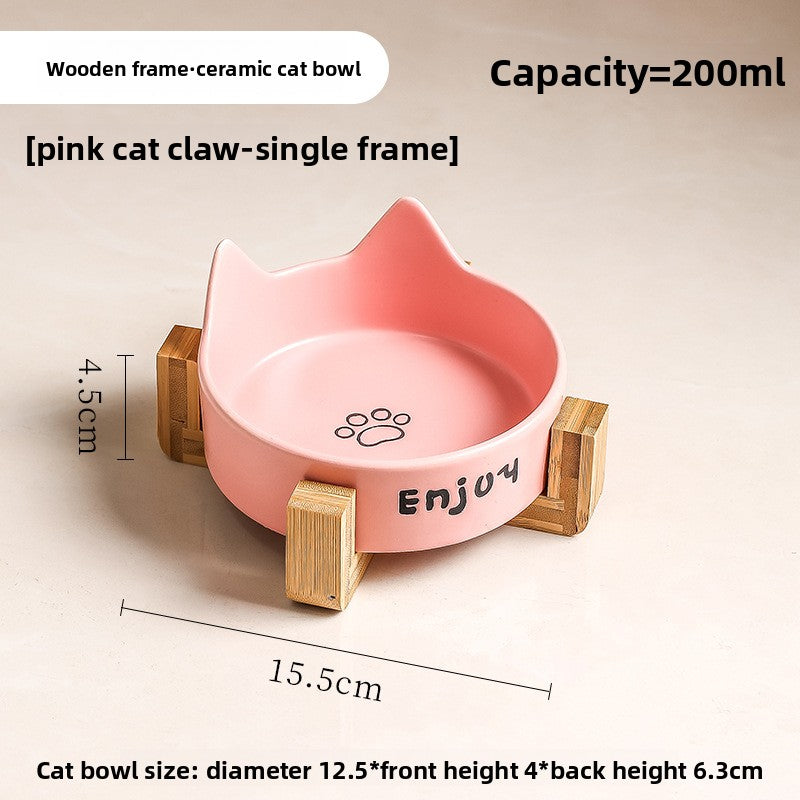 Anti-Spill Ceramic Pet Bowl with Wooden Stand and Cat Ear, Paw or Fish Bone Design