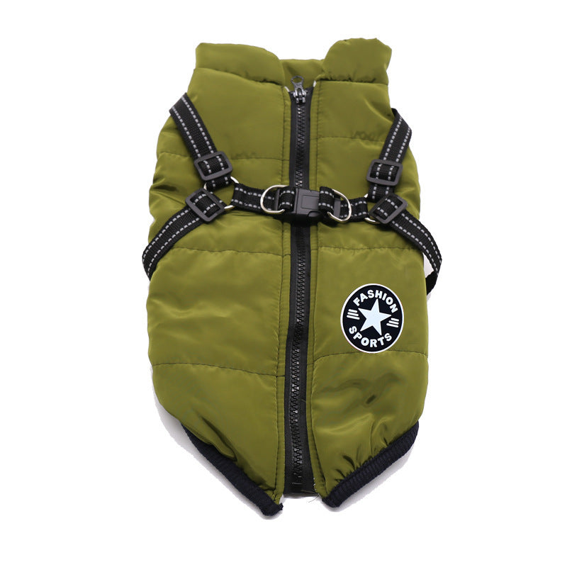 Waterproof padded dog winter coat with cotton insulation in Blue, close-up detail