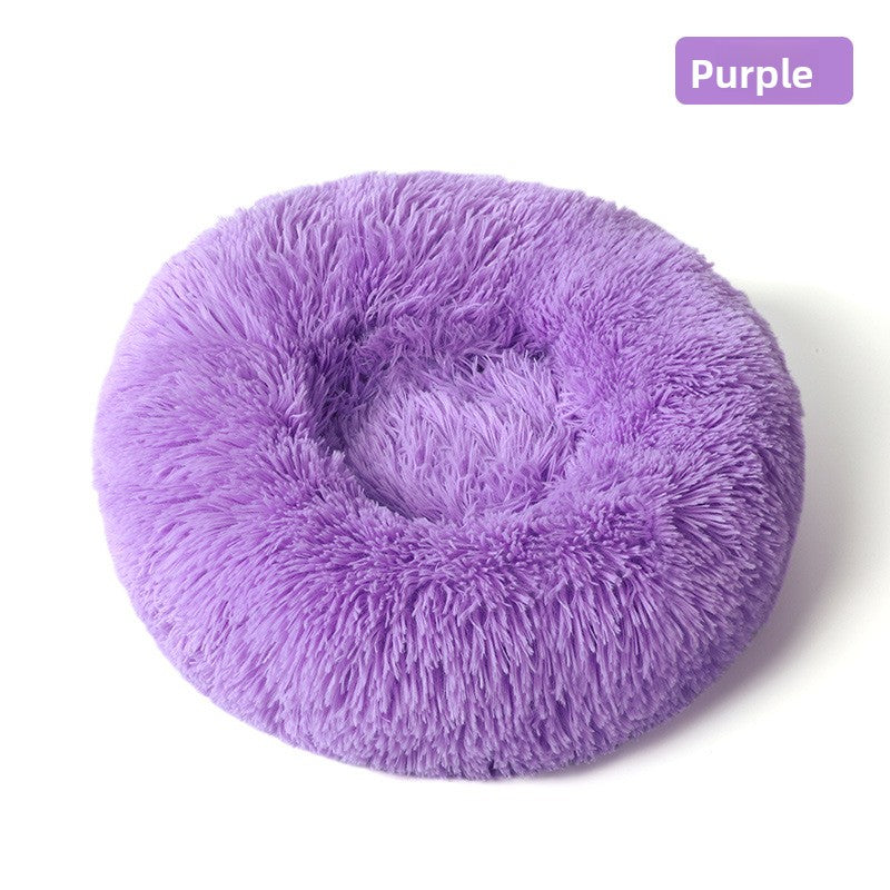 Plush round padded dog and cat bed in Purple