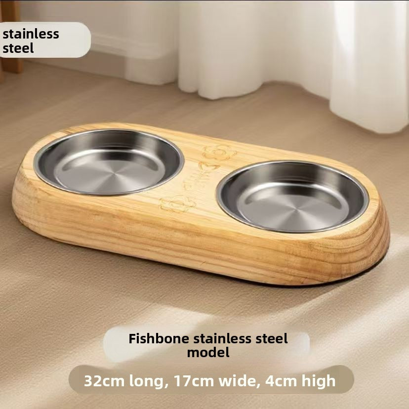 304 Stainless Steel Pet Bowl with Pine Wood Stand and Anti-Spill Neck Rim for Pets