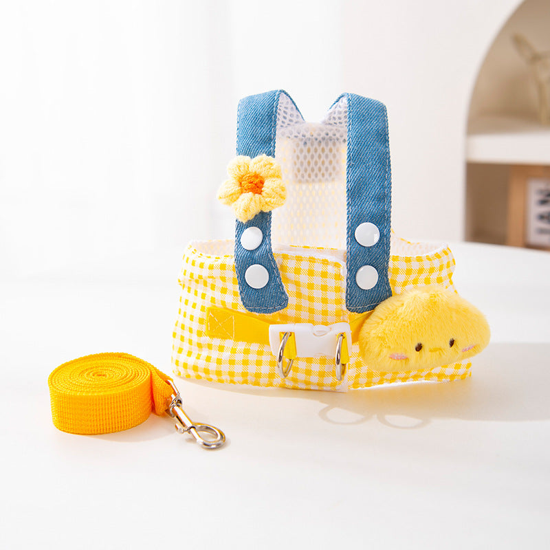 Denim and check pet harness and hat set, ideal for everyday use