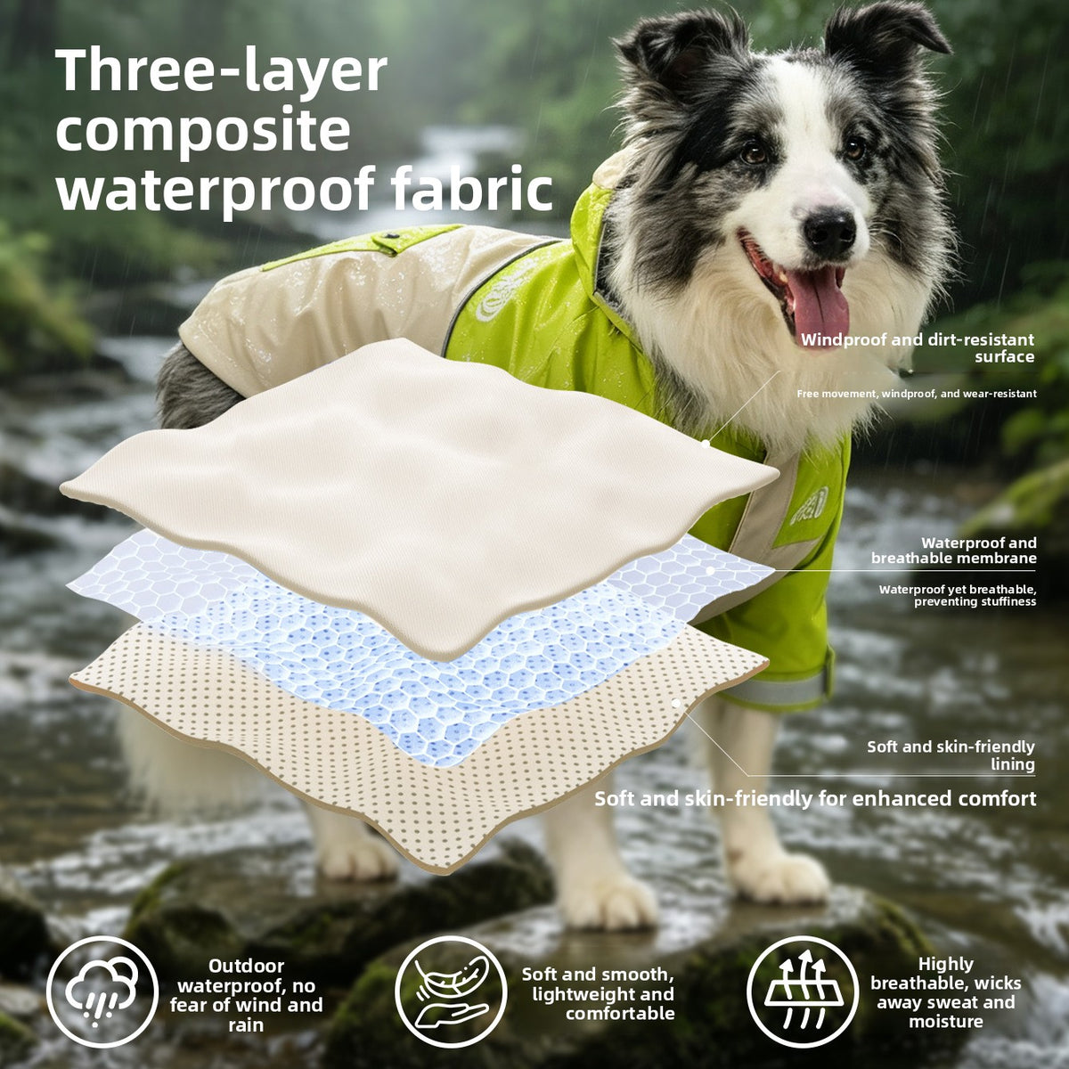 Dog wearing a misty grey blue hooded waterproof jacket