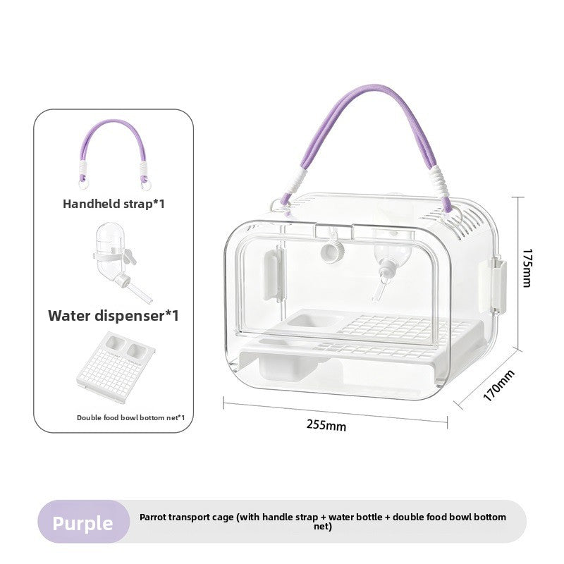 Clear portable bird travel cage with purple trim, view 5