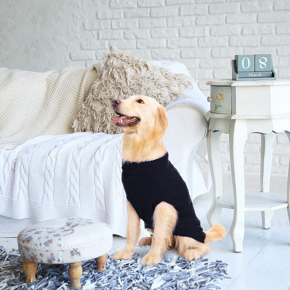 Cable knit roll neck dog jumper in wool knit in Beige, side view