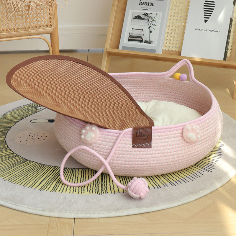 Handmade rattan cat bed with scratching board and ball