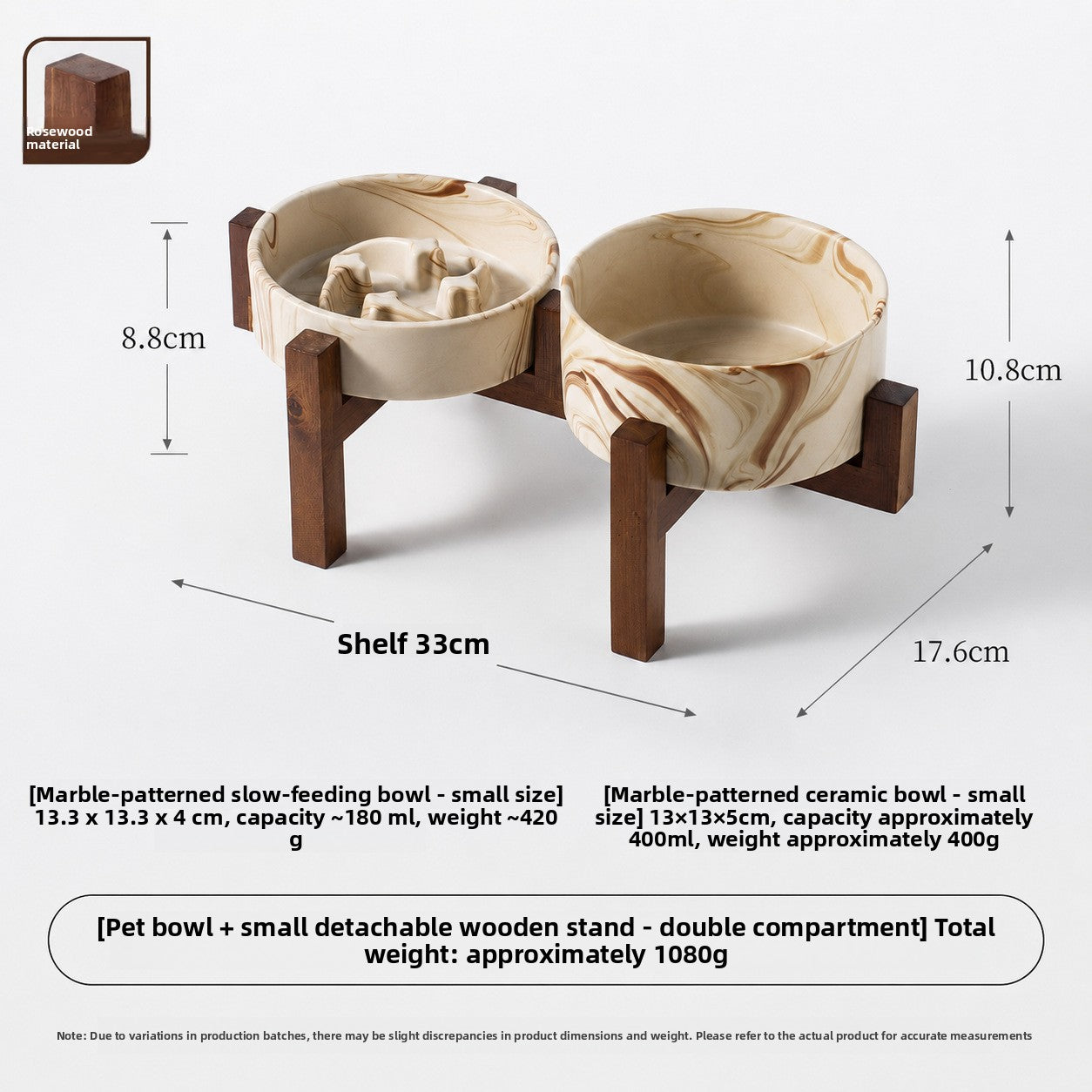 Marble Pattern Ceramic Pet Bowl with Acacia Wood Stand in Water or Slow Feeder Style