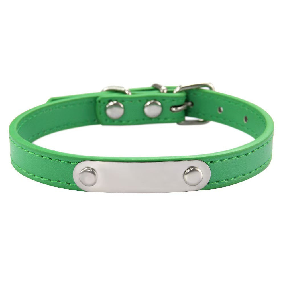 PU leather pet collar with ID tag and bell in Blue, close-up detail