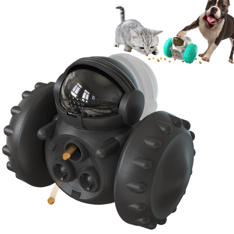 Interactive Cat Food Dispensing Toy with Wobbling Robot or Tumbler Design and Slow Release