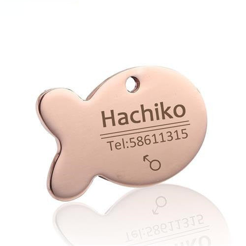 Stainless steel pet ID tags in bone and heart shapes, view 1