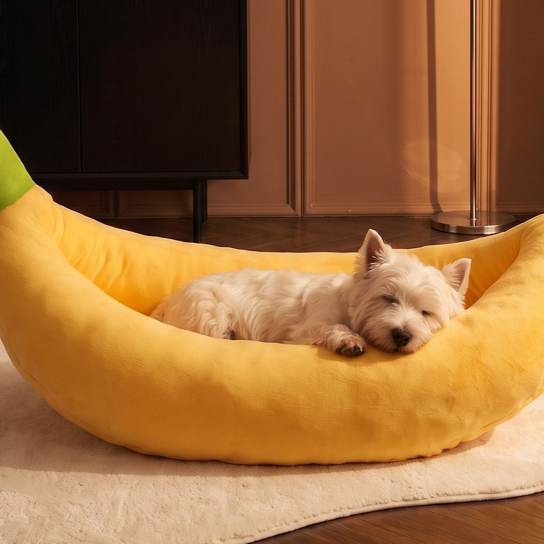 Banana Shaped Plush Pet Bed with Thick Raised Rim, Winter Warm