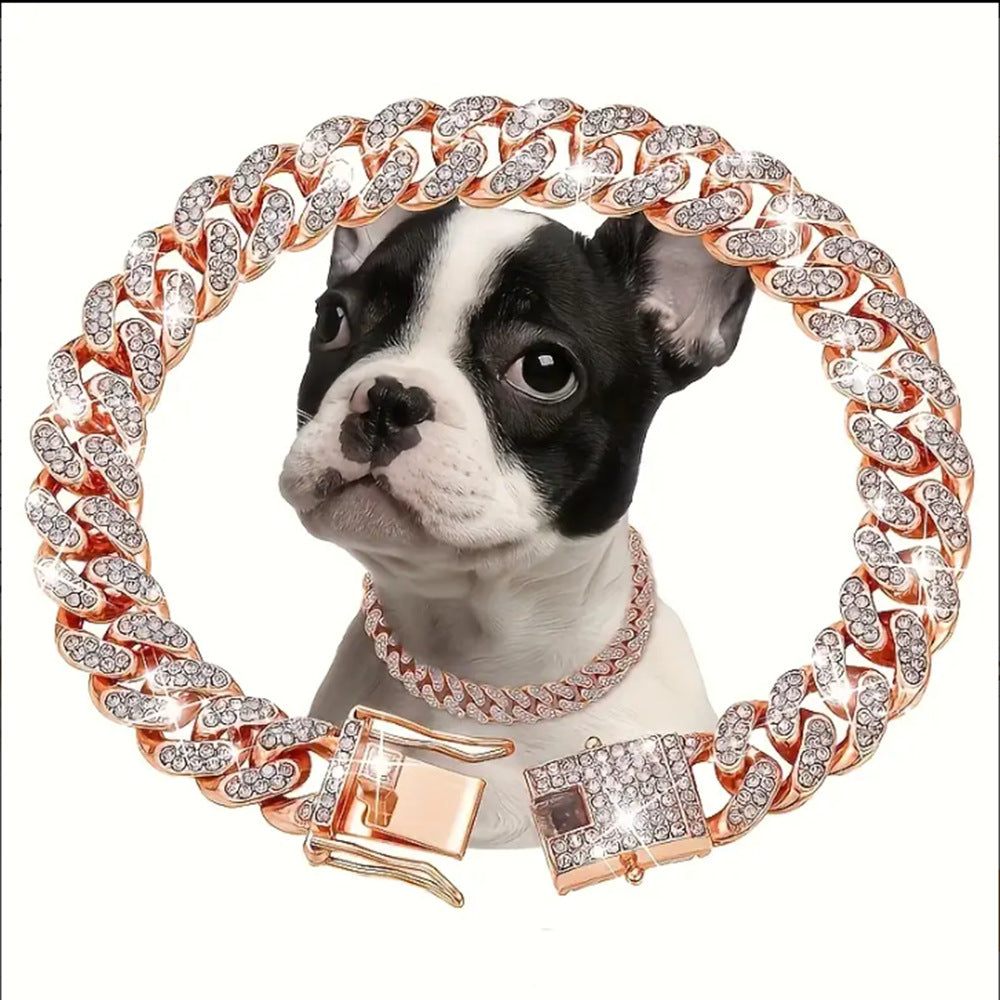 Rhinestone Cuban chain pet collar in Silver, close-up detail