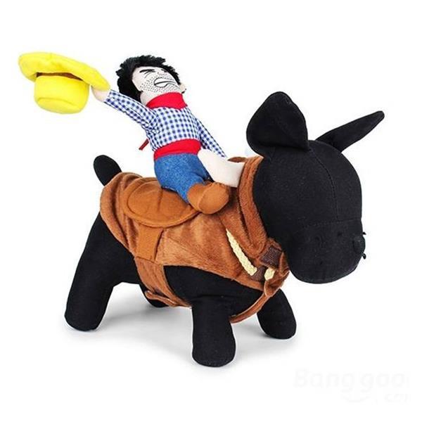 Horse rider costume for dogs with adjustable straps, showing size and shape