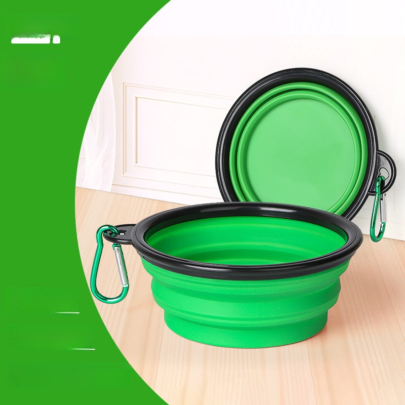 Collapsible pet travel bowl with clip in Fresh Green, in a home setting