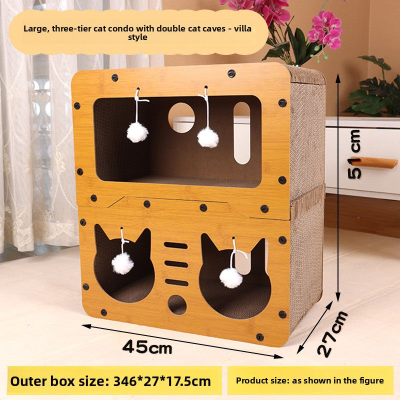 Cardboard cat house with built-in scratching board, photo from another angle