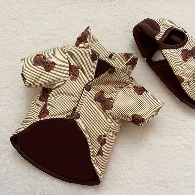 Warm padded dog coat and hat set with lead ring in Brown, side view