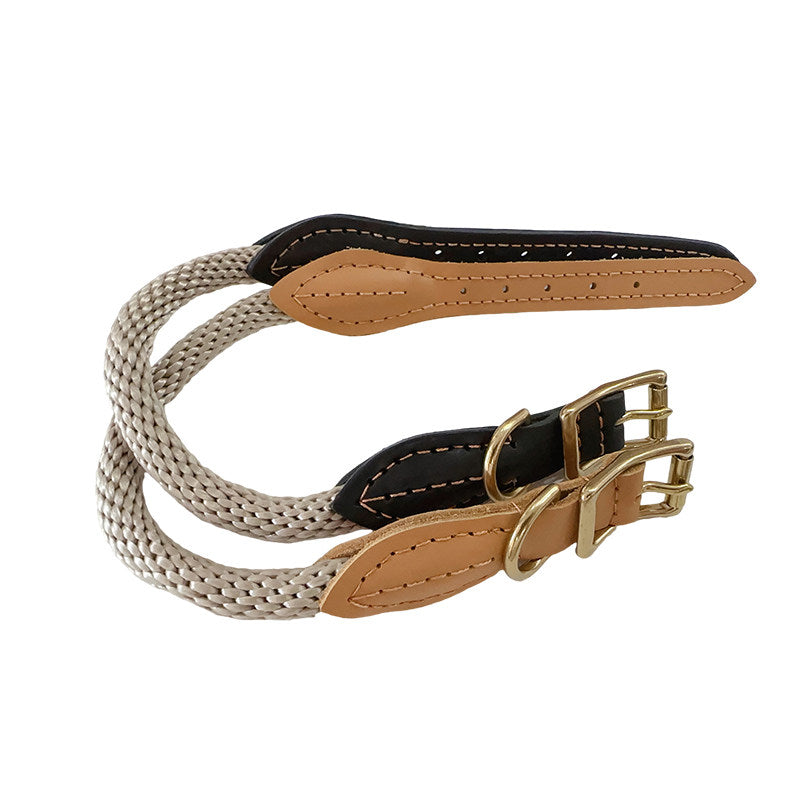 Khaki leather and nylon dog collar with metal buckle, product image 4