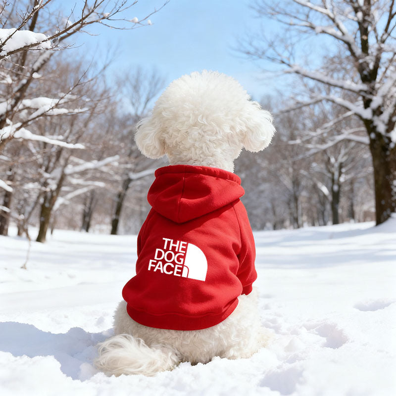 Hooded fleece sweatshirt for small dogs and cats, showing size and shape
