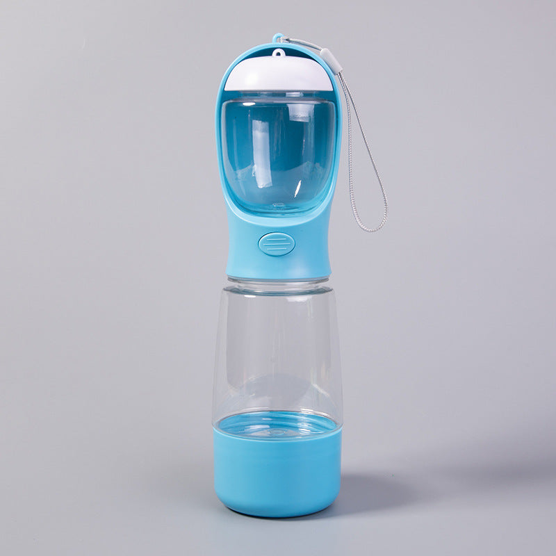 3-in-1 portable dog water bottle with food box in Sky Blue, front view