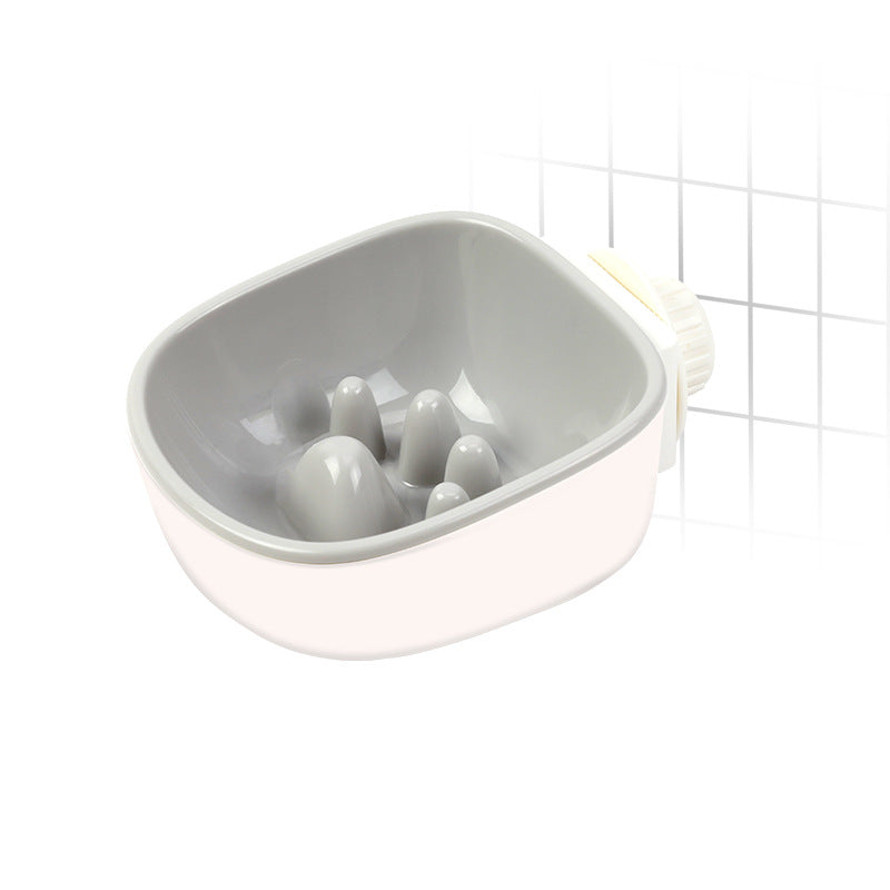 Blue hanging slow feeder pet bowl clipped to a crate, photo 10