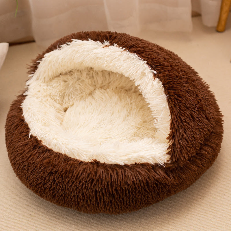 Round shell plush pet nest bed with semi-enclosed hood for cats, photo 12