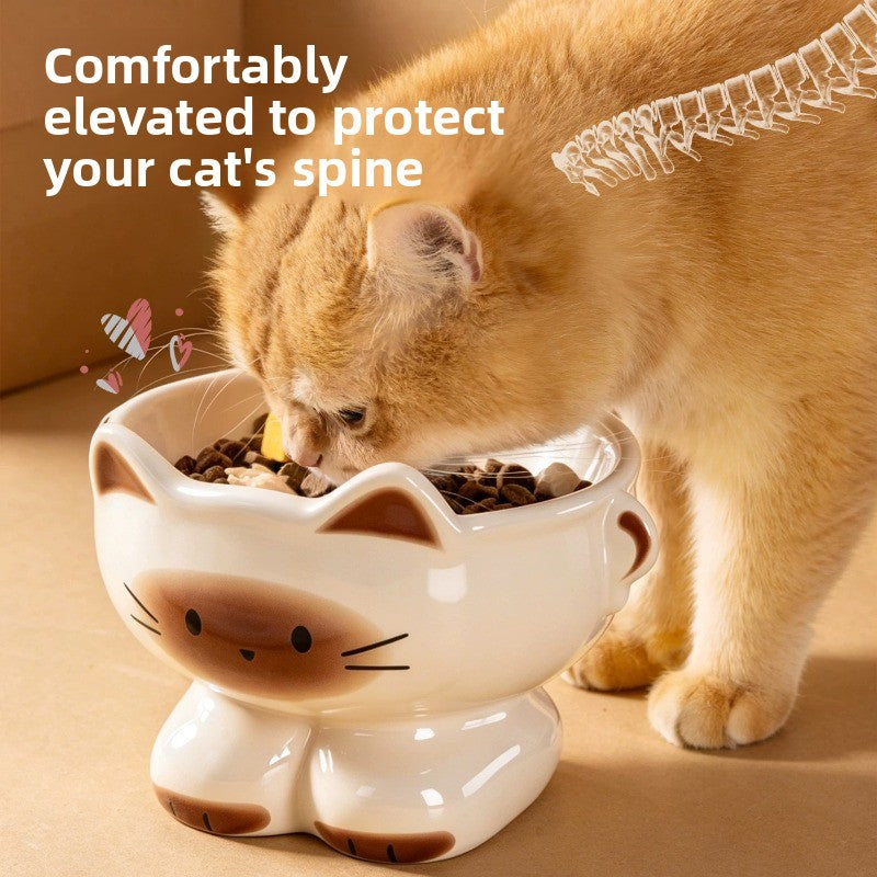 Ceramic cat ear food bowl with tilted rim in off white, view 2