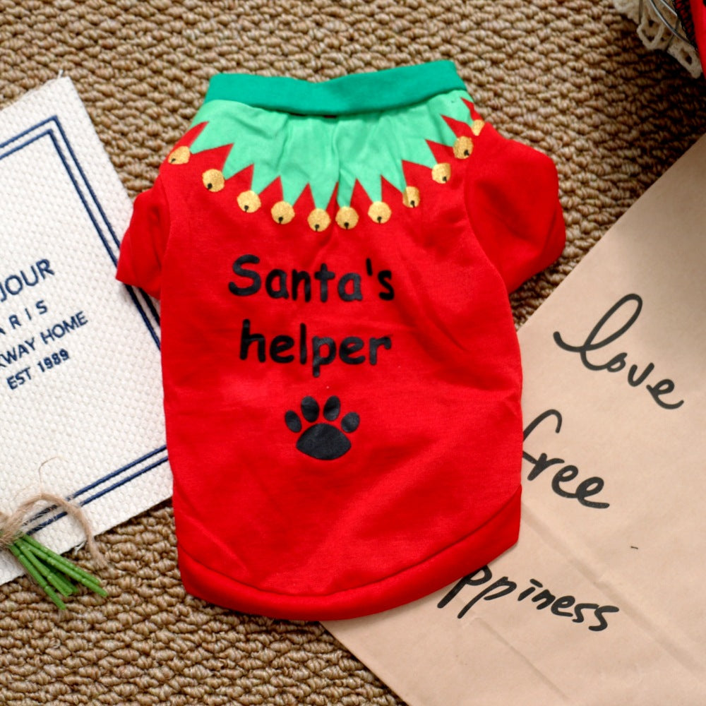 Christmas dog T-shirt in light polyester in Red Christmas Snowman, close-up detail