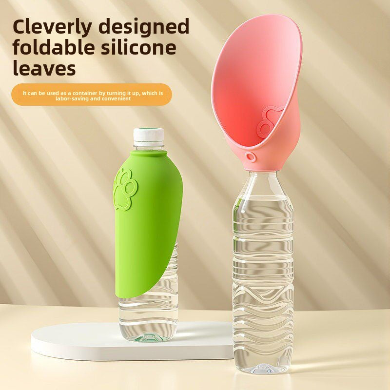 Silicone dog water bottle with foldable U-shaped lid in Pink and Green 2-Pack, close-up detail