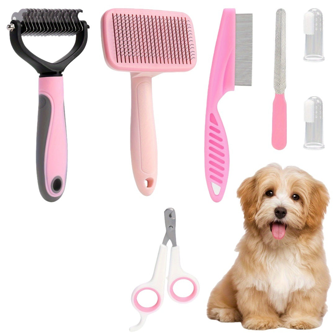 8-Piece Pet Grooming Kit with Slicker Brush, Combs and Nail Clipper