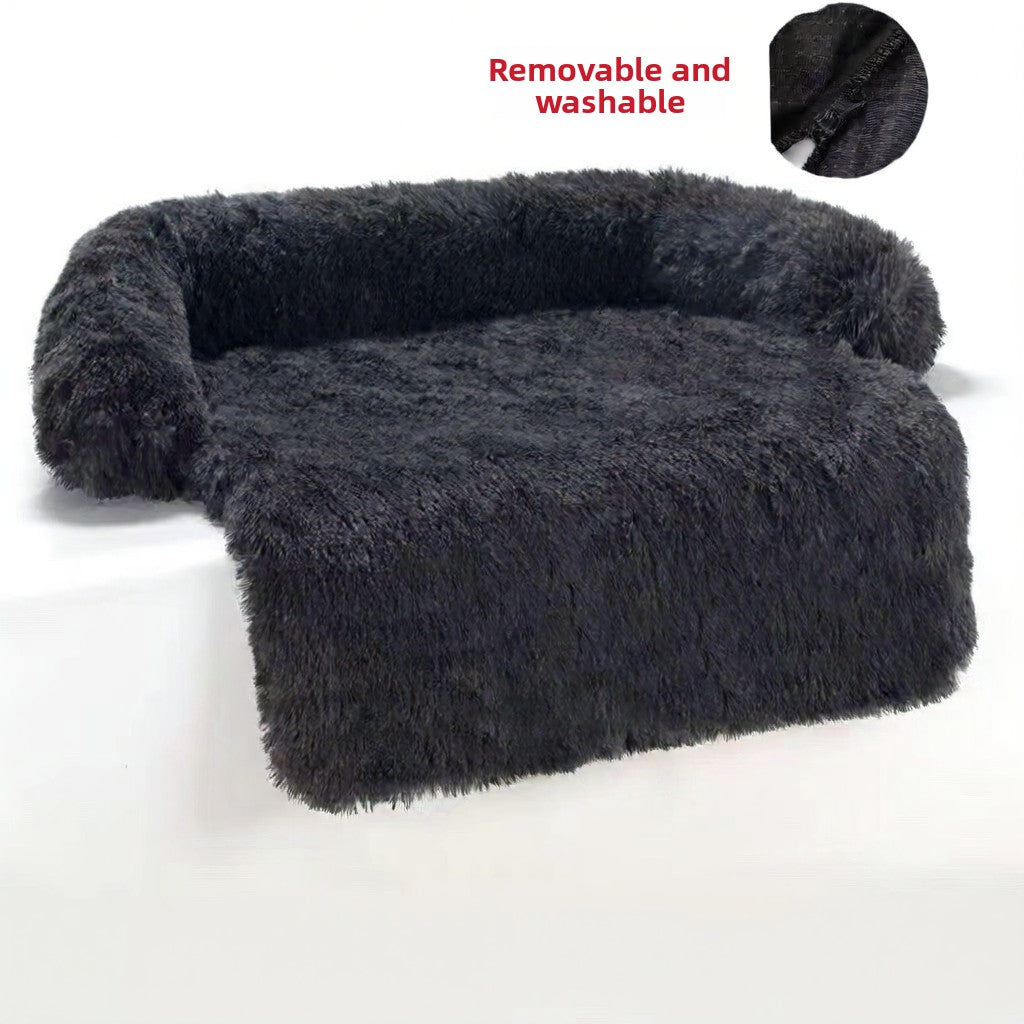 Dark grey long plush curved dog bed with raised sides
