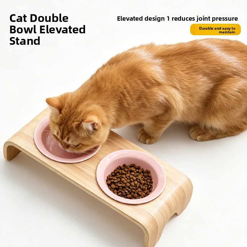 Curved Solid Wood Pet Bowl Stand with Ceramic Double Bowl in Glossy or Matte Colours