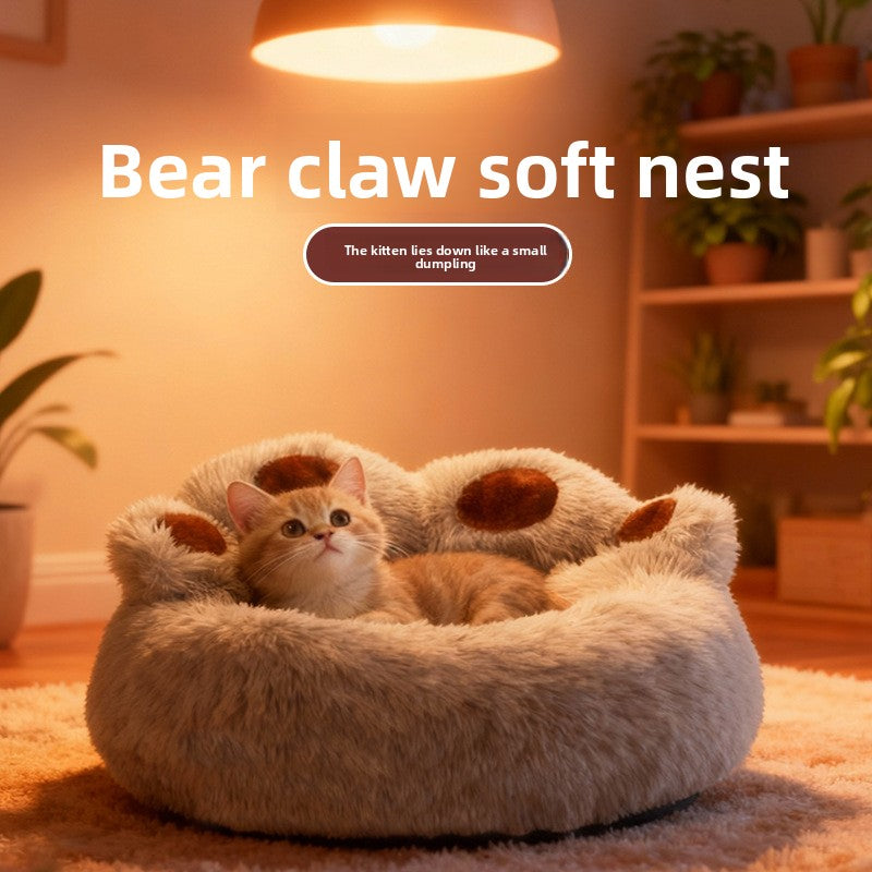 Grey bear paw shaped round plush pet bed, view 3